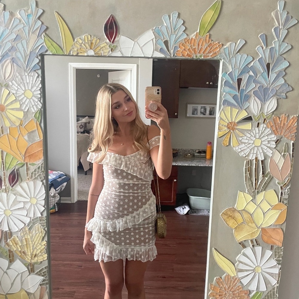 MAJORELLE White and Tan Polka Dot Dress